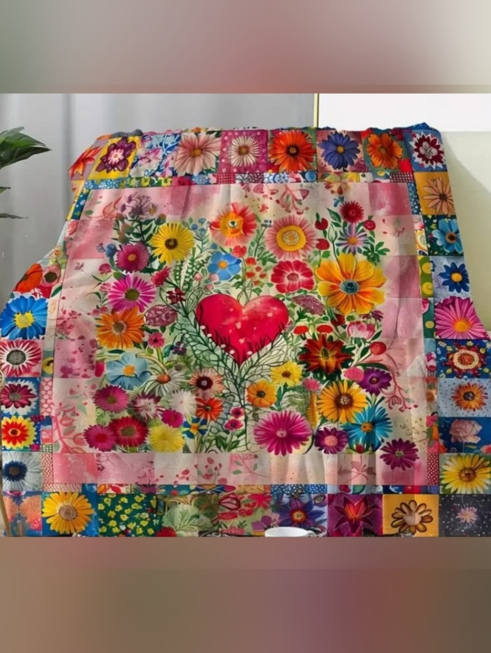 Floral Patchwork Print Blanket Twin Pink Orange White Blue Fleece